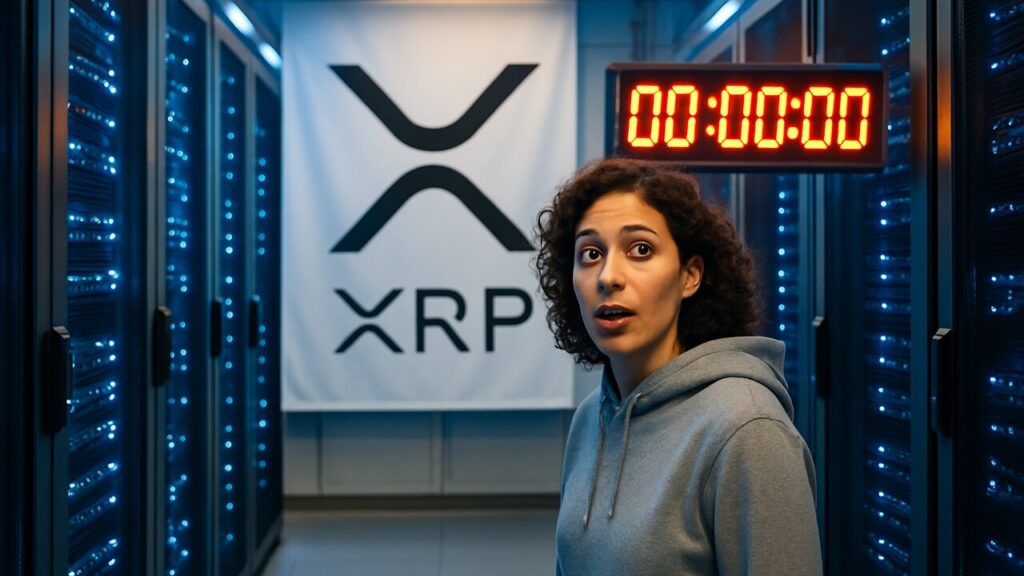 Datacenter met servers, een groot XRP-logo en een digitale afteltimer die opnieuw is gestart