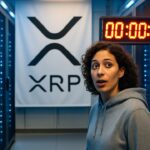 Datacenter met servers, een groot XRP-logo en een digitale afteltimer die opnieuw is gestart