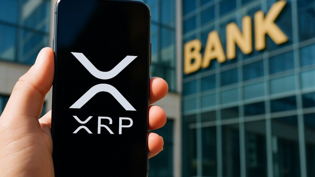 Smartphone met het XRP-logo voor de gevel van een bankgebouw in helder daglicht