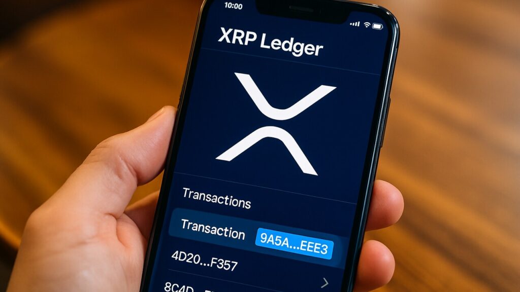 Smartphone toont het XRP Ledger-transactierecord met het XRP-logo duidelijk in beeld