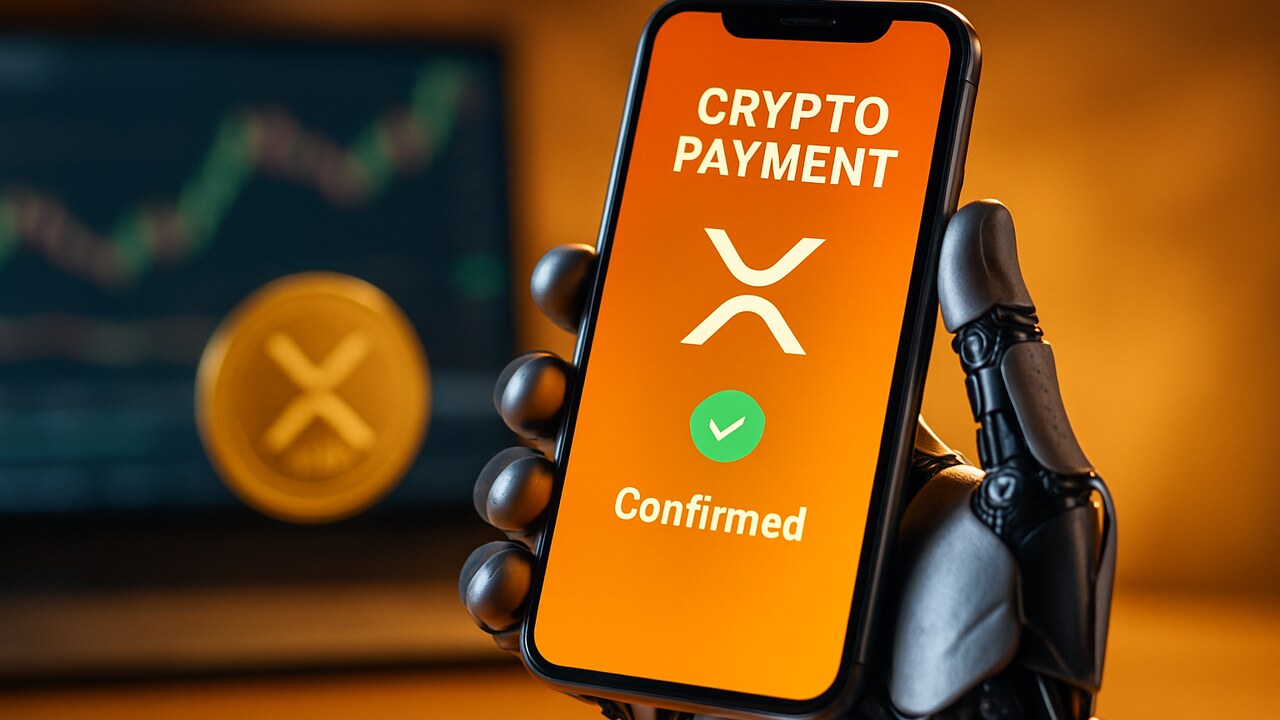 Robothand houdt een telefoon vast met een crypto-betaling en het XRP-symbool op het scherm