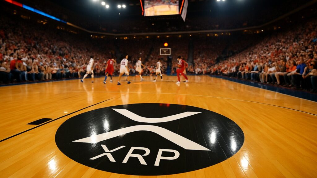 XRP-logo prominent op de houten basketbalvloer van een volle Amerikaanse sportarena tijdens een wedstrijd