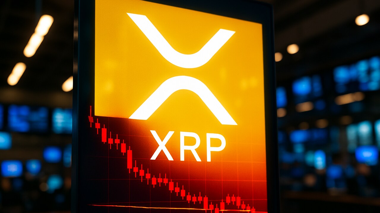 XRP-logo op een beursscherm met een koersgrafiek die verkoopdruk toont terwijl de prijs standhoudt