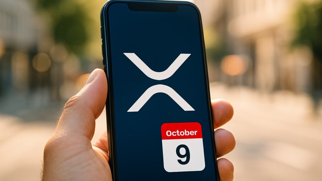 Smartphone met het XRP-logo en een kalender die 9 oktober aanwijst, in een hand op straat
