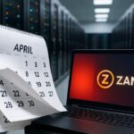 Hand bladert een kalender terug in een datacenter naast een laptop met het Zano-logo