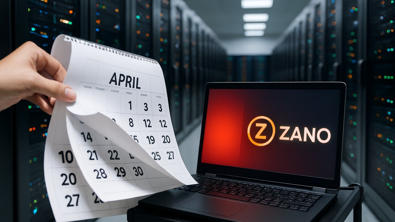 Hand bladert een kalender terug in een datacenter naast een laptop met het Zano-logo