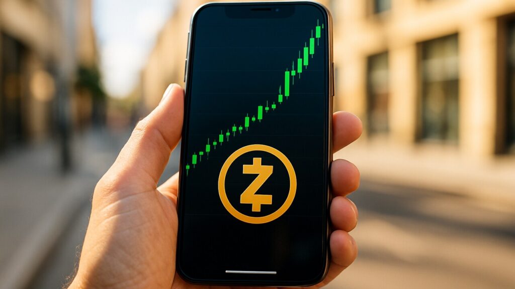Smartphone met stijgende groene Zcash-grafiek en het Z-logo, buiten in helder daglicht