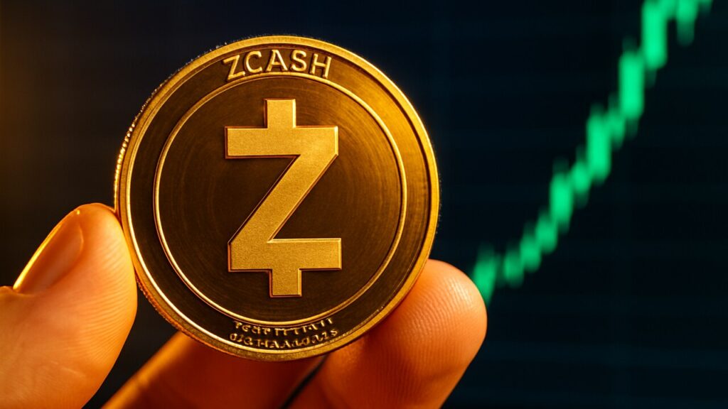 Fysieke Zcash-munt met Z-logo voor een scherm met een sterk stijgende groene koersgrafiek