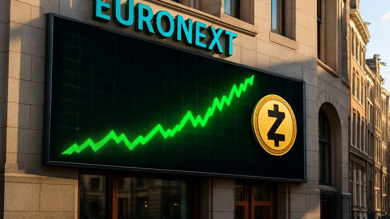 Zcash-logo en een stijgende groene koersgrafiek op een scherm bij de Euronext-beurs in Amsterdam