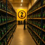 Zcash mininghal met rijen mining-apparatuur en een groot Zcash-logo, verwijzend naar de gestegen koers en recordhoge hashrate.
