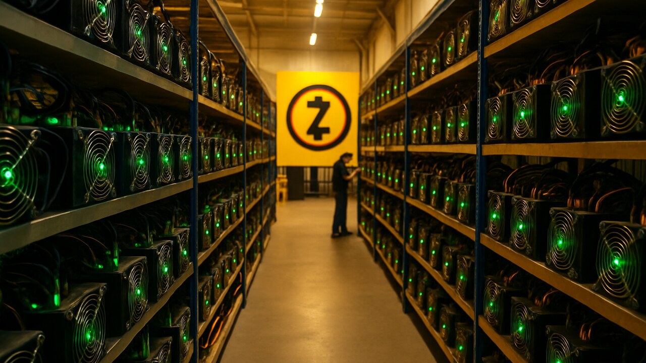 Zcash mininghal met rijen mining-apparatuur en een groot Zcash-logo, verwijzend naar de gestegen koers en recordhoge hashrate.