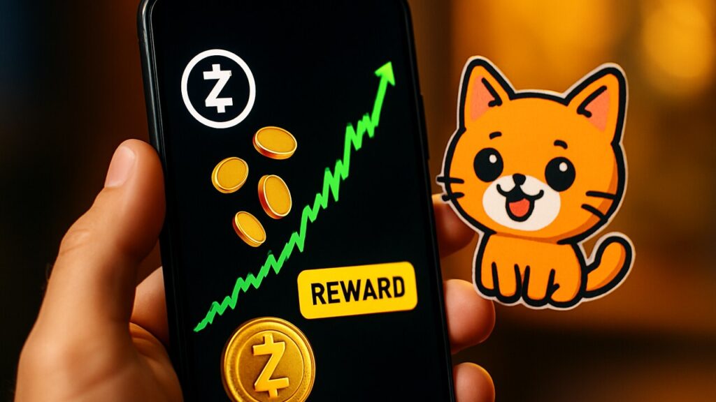 Smartphone met stijgende groene Zcash-grafiek en een cat-memecoin sticker ernaast