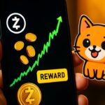 Smartphone met stijgende groene Zcash-grafiek en een cat-memecoin sticker ernaast