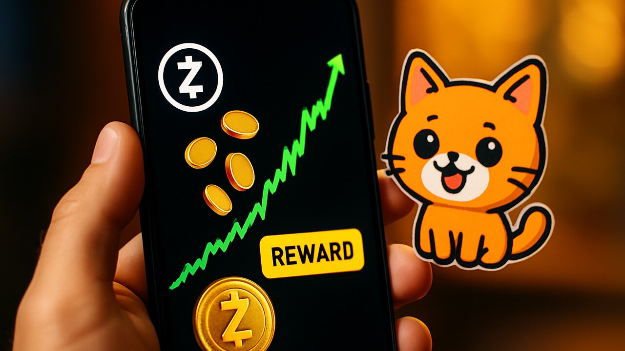 Smartphone met stijgende groene Zcash-grafiek en een cat-memecoin sticker ernaast