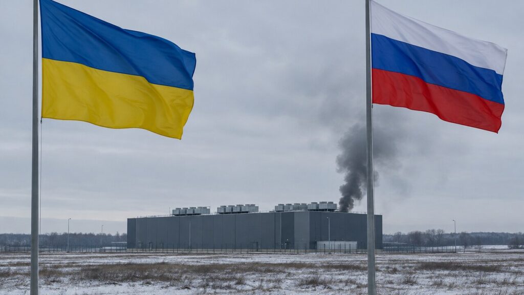 Vlaggen van Oekraïne en Rusland voor een groot datacenter waaruit rook opstijgt