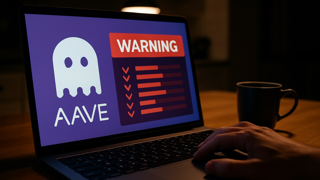 Laptop op een keukentafel met het Aave-logo en een rode waarschuwing op het scherm