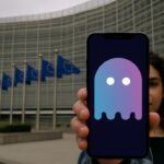 Smartphone met het Aave-logo voor het gebouw van de Europese Commissie in Brussel met EU-vlaggen