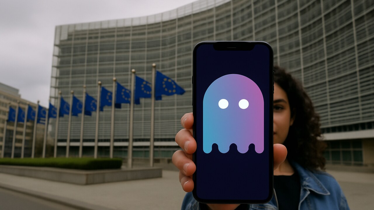 Smartphone met het Aave-logo voor het gebouw van de Europese Commissie in Brussel met EU-vlaggen