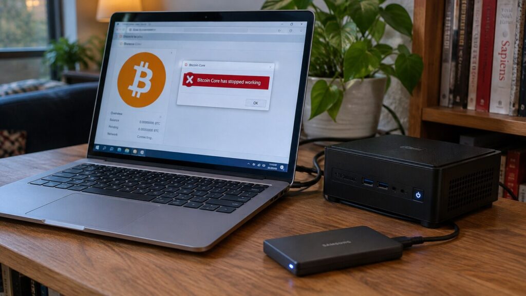 Laptop en mini-pc op een plank thuis, met op het scherm Bitcoin Core en een rode foutmelding na een crash