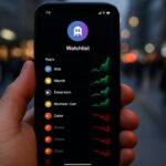 Smartphone op straat met een crypto-app waarin enkele altcoins groen stijgen terwijl de rest van de markt rood kleurt