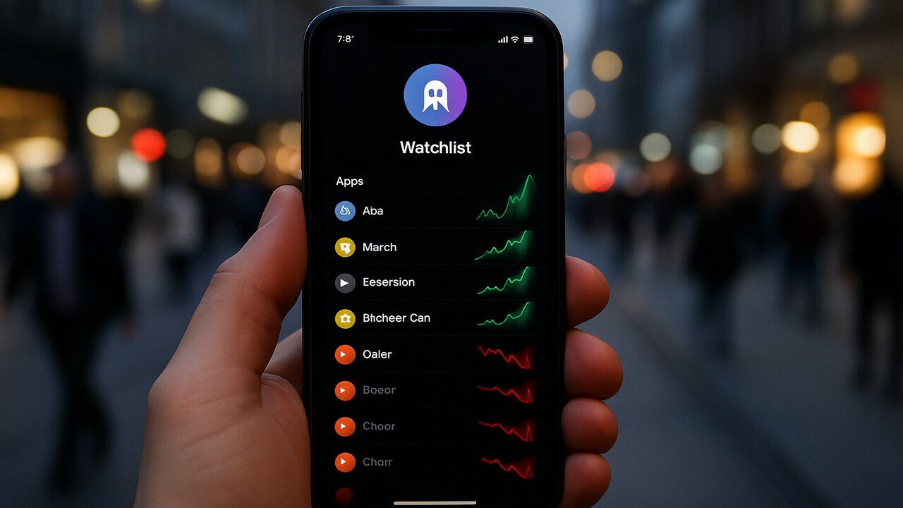 Smartphone op straat met een crypto-app waarin enkele altcoins groen stijgen terwijl de rest van de markt rood kleurt