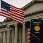 Amerikaanse vlag voor het ministerie van Financiën in Washington, met op de voorgrond een telefoon die een Bitcoin-overboeking en een dalende koersgrafiek toont