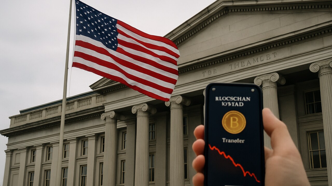 Amerikaanse vlag voor het ministerie van Financiën in Washington, met op de voorgrond een telefoon die een Bitcoin-overboeking en een dalende koersgrafiek toont