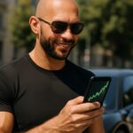 Andrew Tate kijkt glimlachend naar een smartphone met een stijgende grafiek naast een sportwagen