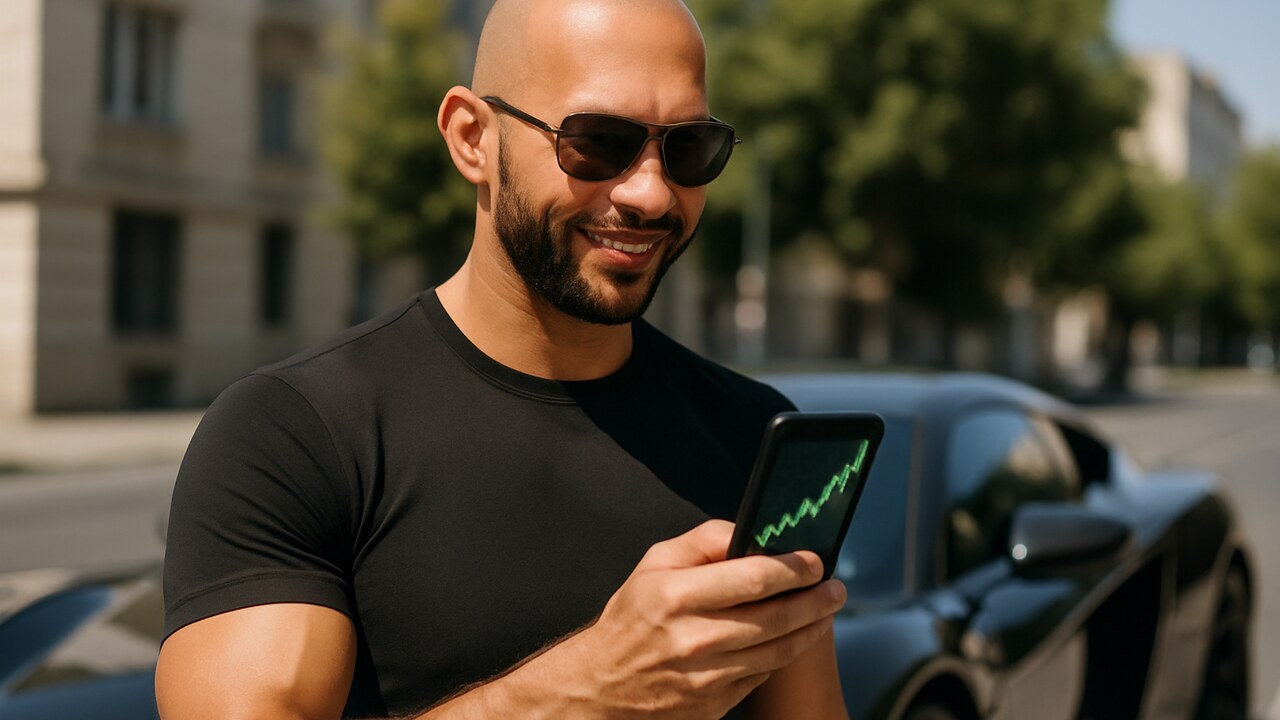 Andrew Tate kijkt glimlachend naar een smartphone met een stijgende grafiek naast een sportwagen