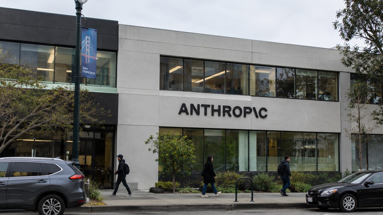 Gevel van een kantoorgebouw in San Francisco met het Anthropic-logo, gezien vanaf straatniveau met voorbijgangers