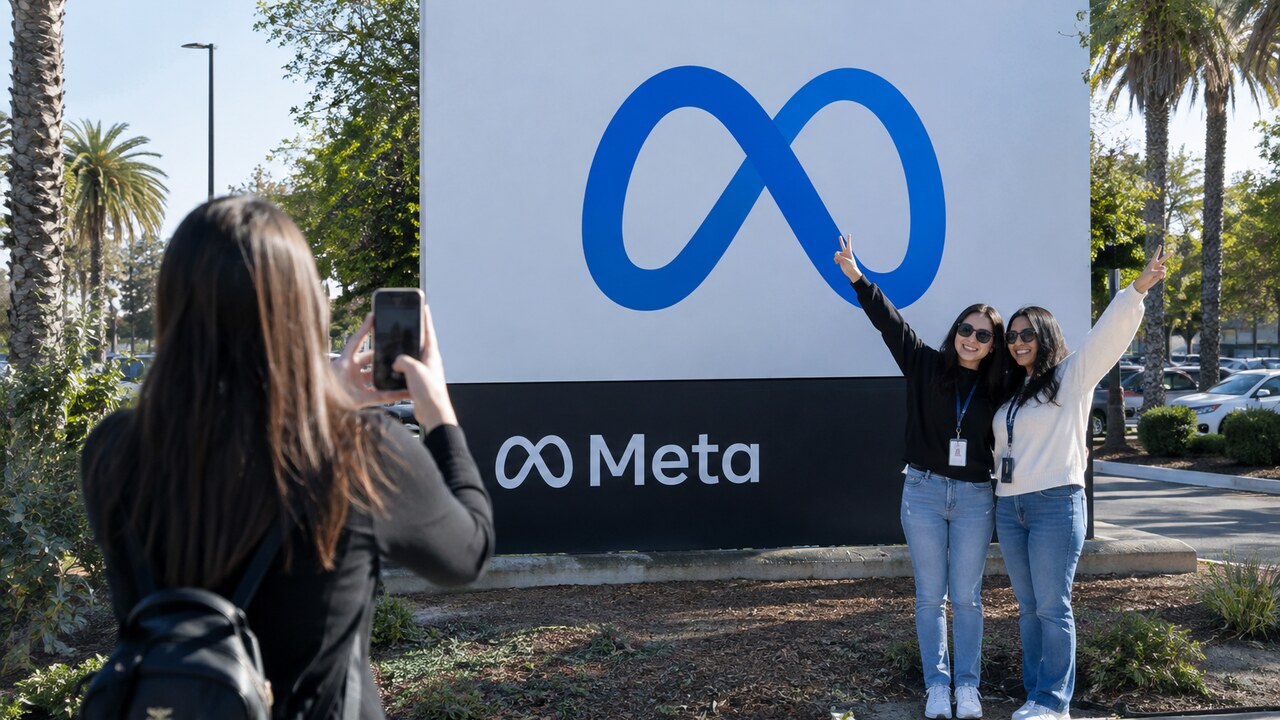 Groot bord met het Meta-logo bij het hoofdkantoor in Menlo Park, met bezoekers die foto's maken