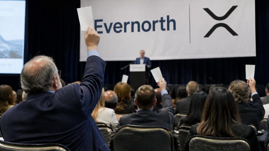 Aandeelhoudersvergadering met een groot Evernorth- en XRP-spandoek op het podium en aandeelhouders die stemkaarten omhoog steken