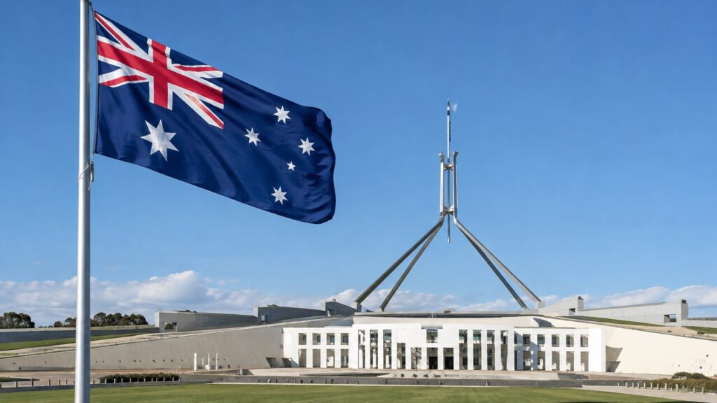 Australische vlag wappert voor het parlementsgebouw in Canberra op een zonnige dag