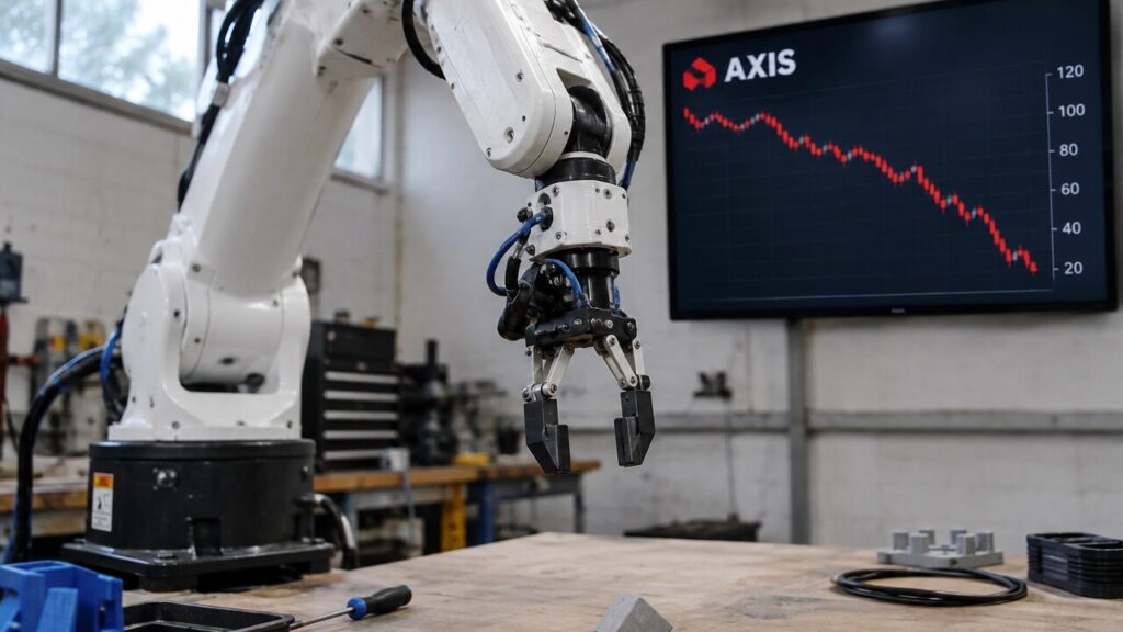 Robotarm in een roboticawerkplaats die een blokje heeft laten vallen, met op de achtergrond een scherm met een dalende rode AXIS-koersgrafiek