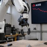 Robotarm in een roboticawerkplaats die een blokje heeft laten vallen, met op de achtergrond een scherm met een dalende rode AXIS-koersgrafiek