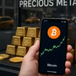 Hand met smartphone die een stijgende Bitcoin-grafiek toont voor de etalage van een goudhandelaar met goudstaven
