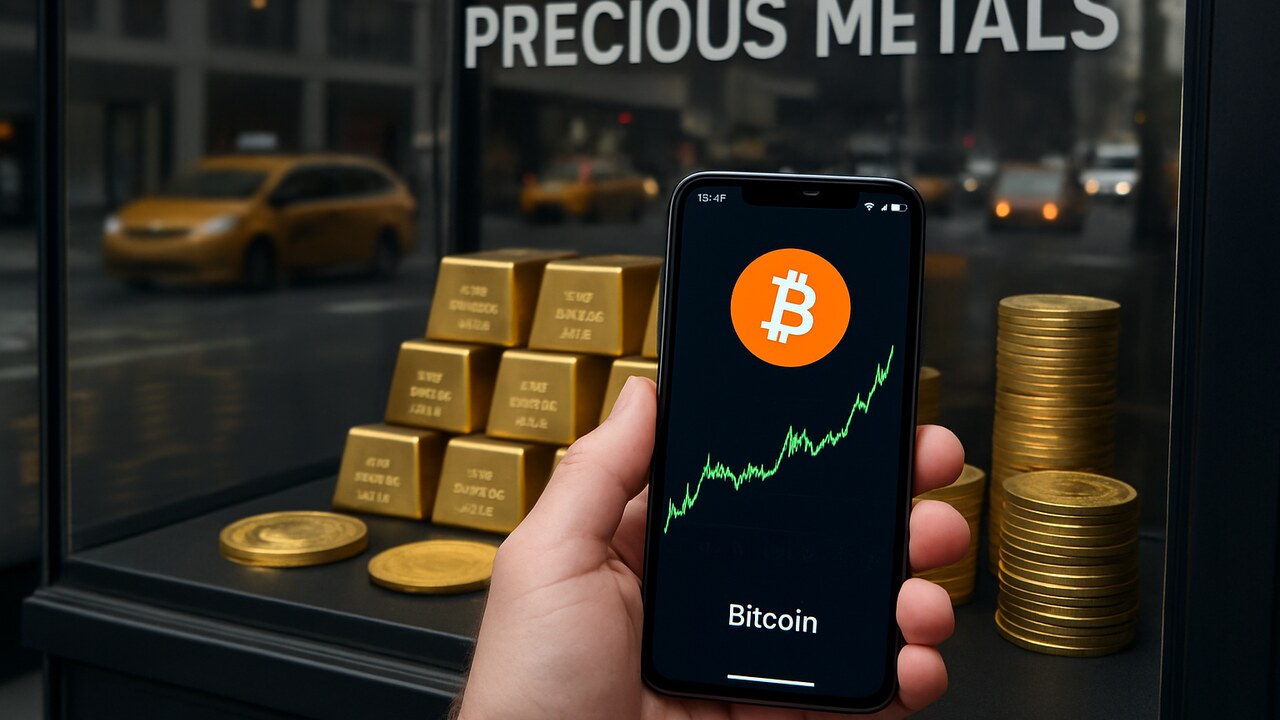 Hand met smartphone die een stijgende Bitcoin-grafiek toont voor de etalage van een goudhandelaar met goudstaven