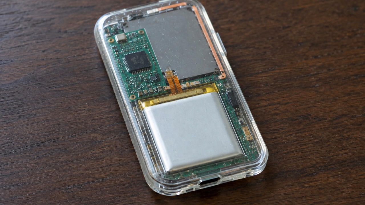 Achterkant van een doorzichtige hardware wallet vol epoxy, met printplaat, chip en accu zichtbaar