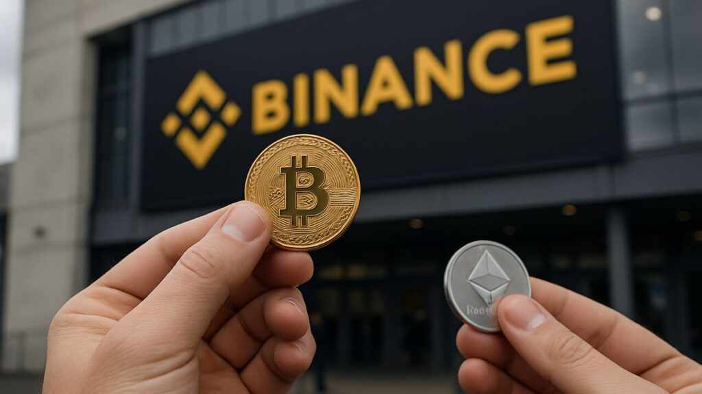 Hand houdt een fysieke Bitcoin-munt omhoog en legt een Ethereum-munt weg, met een groot Binance-logo op de gevel op de achtergrond