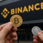 Hand houdt een fysieke Bitcoin-munt omhoog en legt een Ethereum-munt weg, met een groot Binance-logo op de gevel op de achtergrond