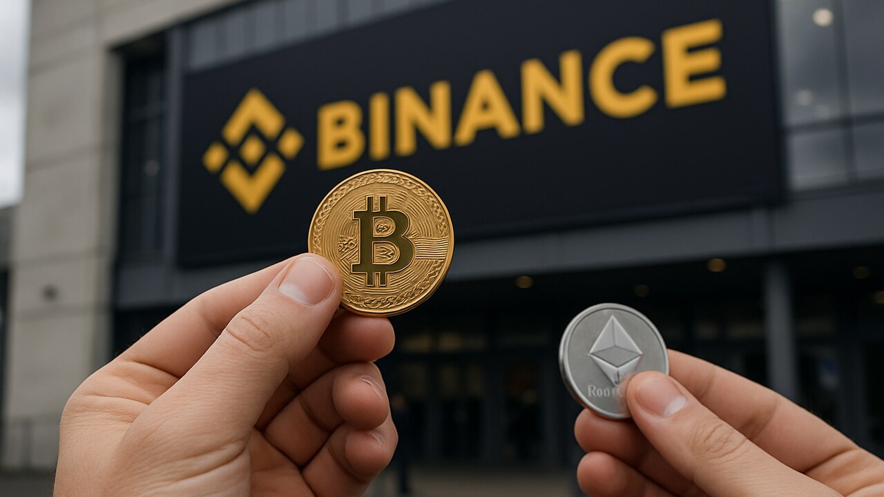 Hand houdt een fysieke Bitcoin-munt omhoog en legt een Ethereum-munt weg, met een groot Binance-logo op de gevel op de achtergrond