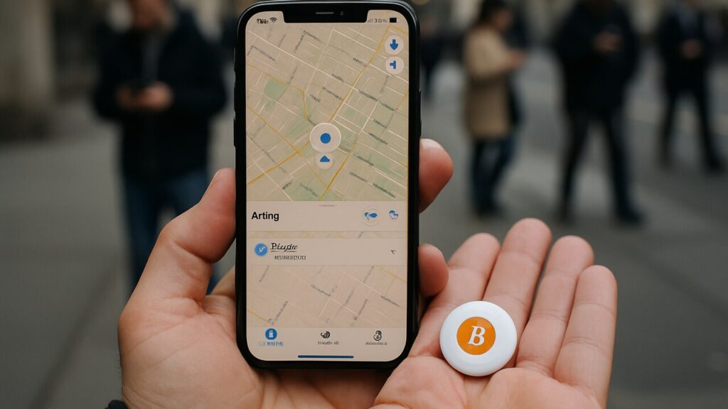 Hand met een iPhone met de Find My-app en een AirTag met Bitcoin-sticker op straat