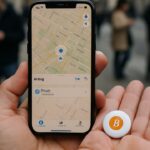 Hand met een iPhone met de Find My-app en een AirTag met Bitcoin-sticker op straat