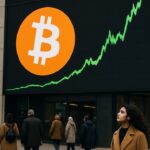 Groot reclamescherm aan een gevel met het Bitcoin-logo en een stijgende groene koersgrafiek boven voetgangers op straat