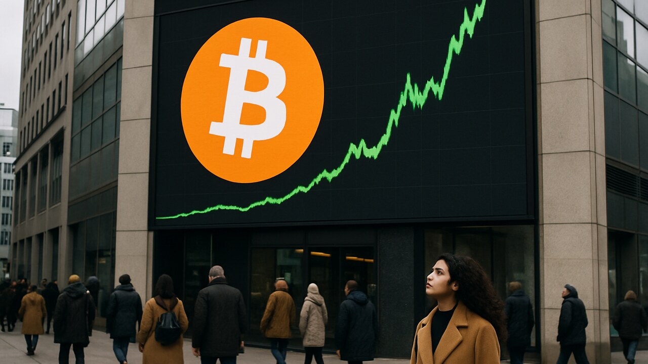 Groot reclamescherm aan een gevel met het Bitcoin-logo en een stijgende groene koersgrafiek boven voetgangers op straat