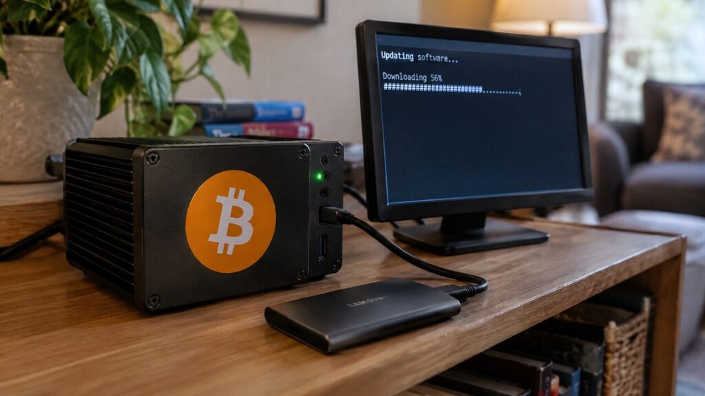 Een thuis-node voor Bitcoin met een oranje Bitcoin-logo op een plank, naast een scherm met een software-update