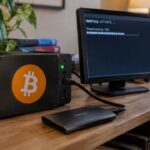 Een thuis-node voor Bitcoin met een oranje Bitcoin-logo op een plank, naast een scherm met een software-update