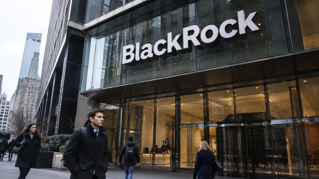Gevel van het BlackRock-hoofdkantoor in New York met groot logo en voorbijgangers op de stoep