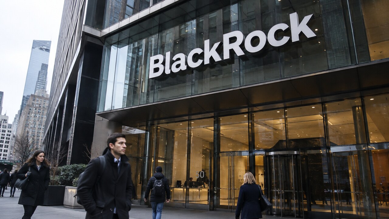 Gevel van het BlackRock-hoofdkantoor in New York met groot logo en voorbijgangers op de stoep