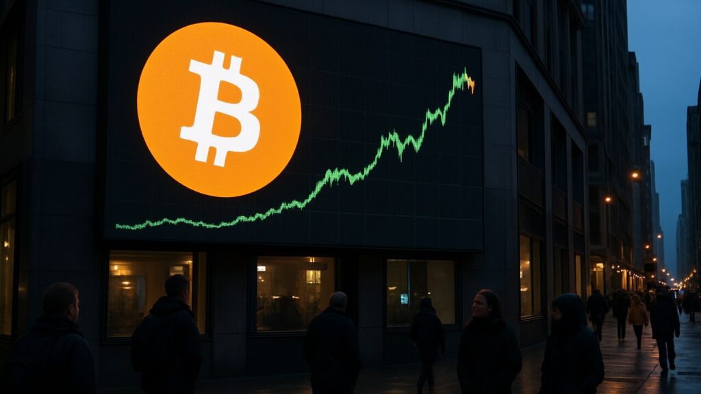 Groot reclamescherm aan een gebouw met het Bitcoin-logo en een koersgrafiek die sterk stijgt en daarna licht terugvalt, met voetgangers op straat